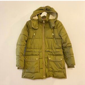🆕 J. Crew Khaki Puffer Jacket with Orange Lining